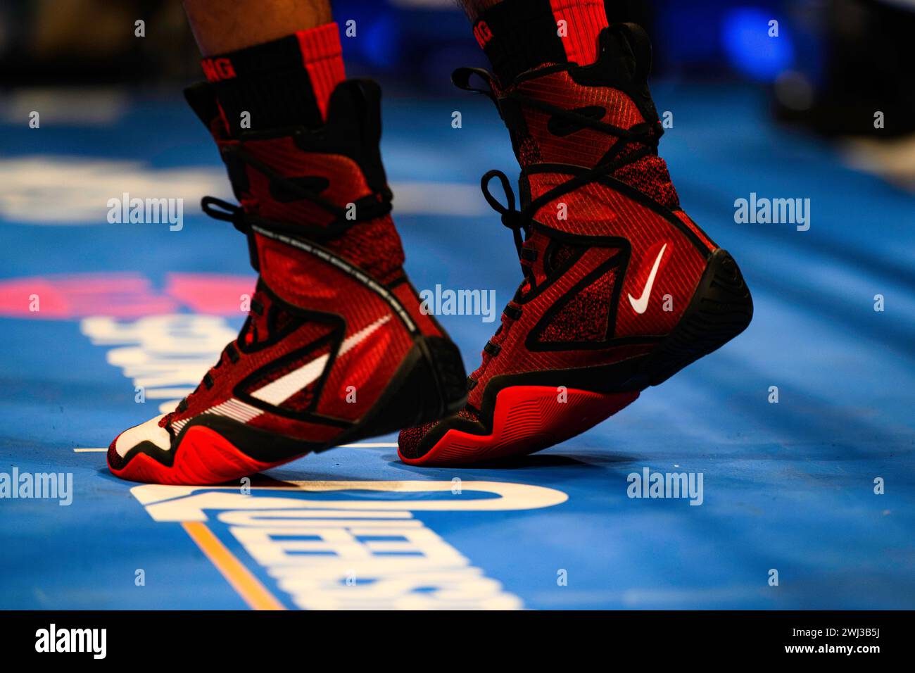 LONDON, UNITED KINGDOM. 10 Feb, 24. The shoes of Umar Khan were wearing against Maicol Velazco - Featherweight during Queensberry Promotions Show Sheeraz vs Williams and undercard at Copper Box Arena on Saturday, February 10, 2024 in LONDON, ENGLAND. Credit: Taka G Wu/Alamy Live News Stock Photo