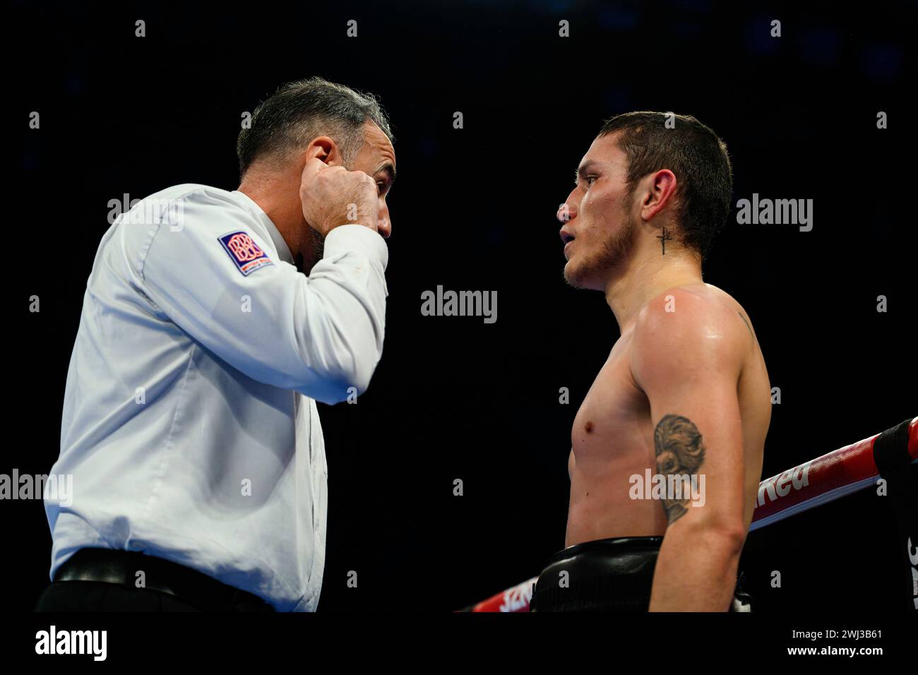 LONDON, UNITED KINGDOM. 10 Feb, 24. Maicol Velazco was warned by referee while fight against Umar Khan for the Featherweight during Queensberry Promotions Show Sheeraz vs Williams and undercard at Copper Box Arena on Saturday, February 10, 2024 in LONDON, ENGLAND. Credit: Taka G Wu/Alamy Live News Stock Photo