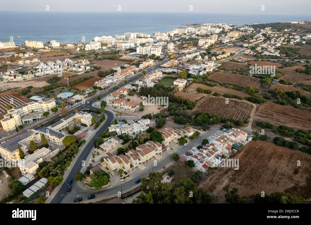 Drone aerial top view of holiday resort town. Protaras city cyprus. Summer vacation place Stock Photo
