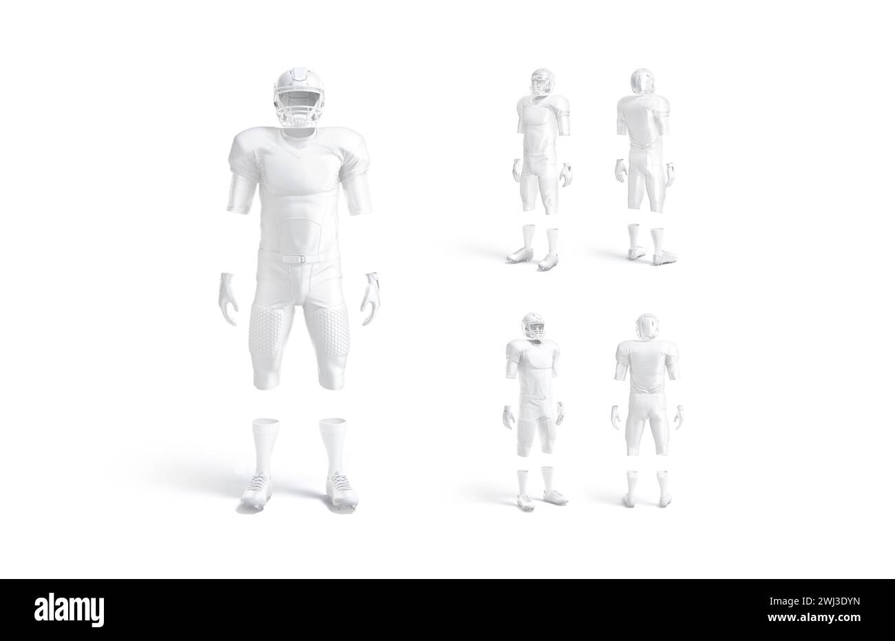 Blank white american football uniform mockup, different views, 3d rendering. Empty armour or protective clothing for rugby mock up, isolated. Clear pr Stock Photo