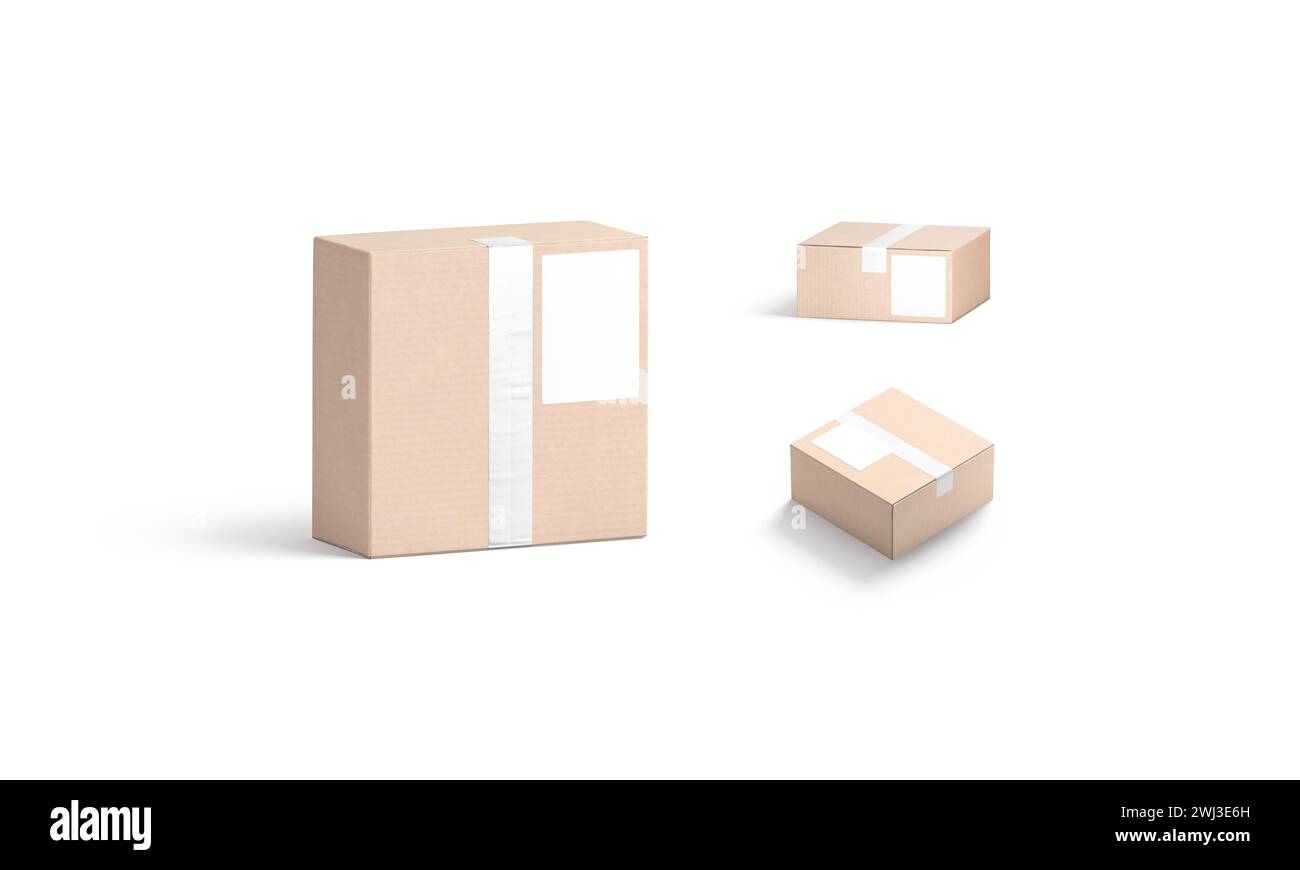 Blank white shipping label on craft box mockup, different sides, 3d ...