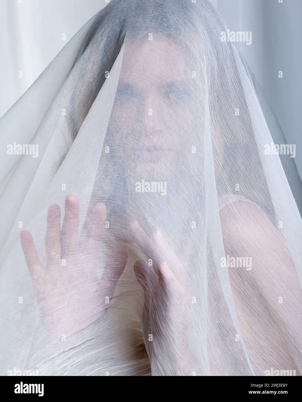 Portrait of a young woman covered with white mesh fabric. A woman hides her face behind a veil cloth. Stock Photo