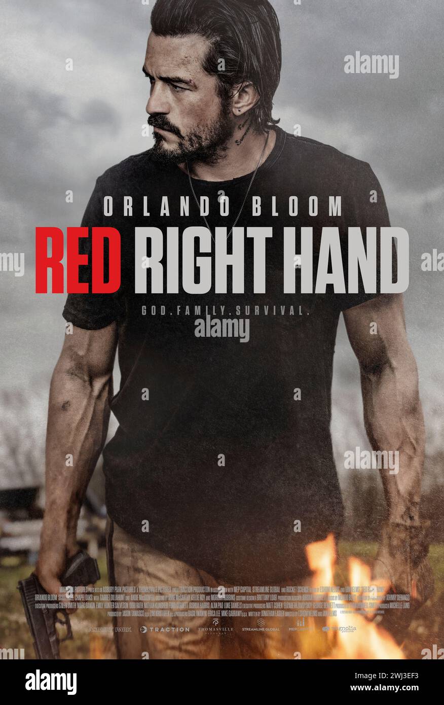 Red Right Hand (2024) directed by Eshom Nelms and Ian Nelms and starring Andie MacDowell, Orlando Bloom and Garret Dillahunt. Cash is trying to live an honest and quiet life, but when Big Cat forces him back into her services, he proves capable of anything to protect the town and the only family he has left. US one sheet poster ***EDITORIAL USE ONLY***. Credit: BFA / Magnet Releasing Stock Photo