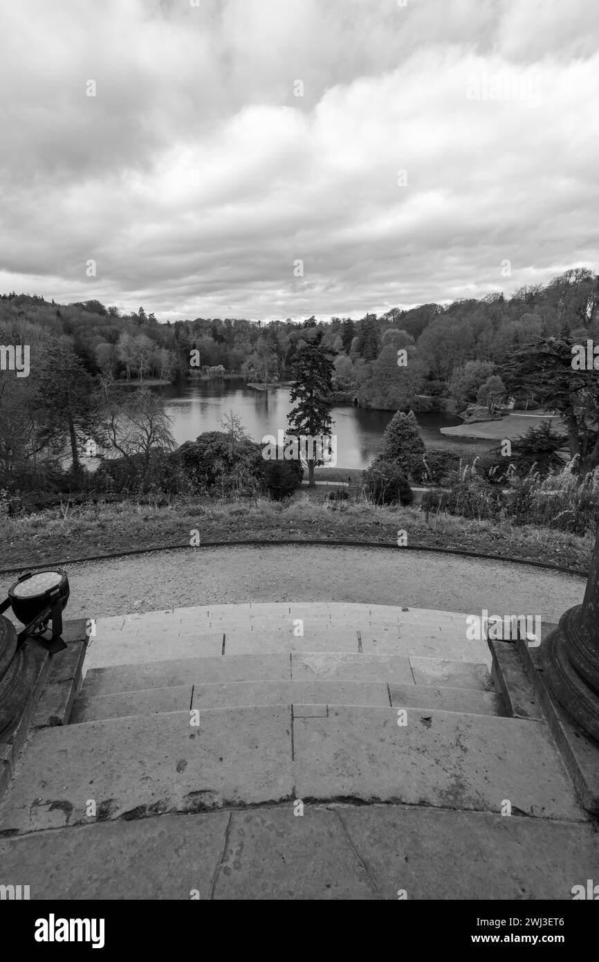 View from the Temple of apollo of the last of the  autumn colours at Stourhead Gardens Stock Photo