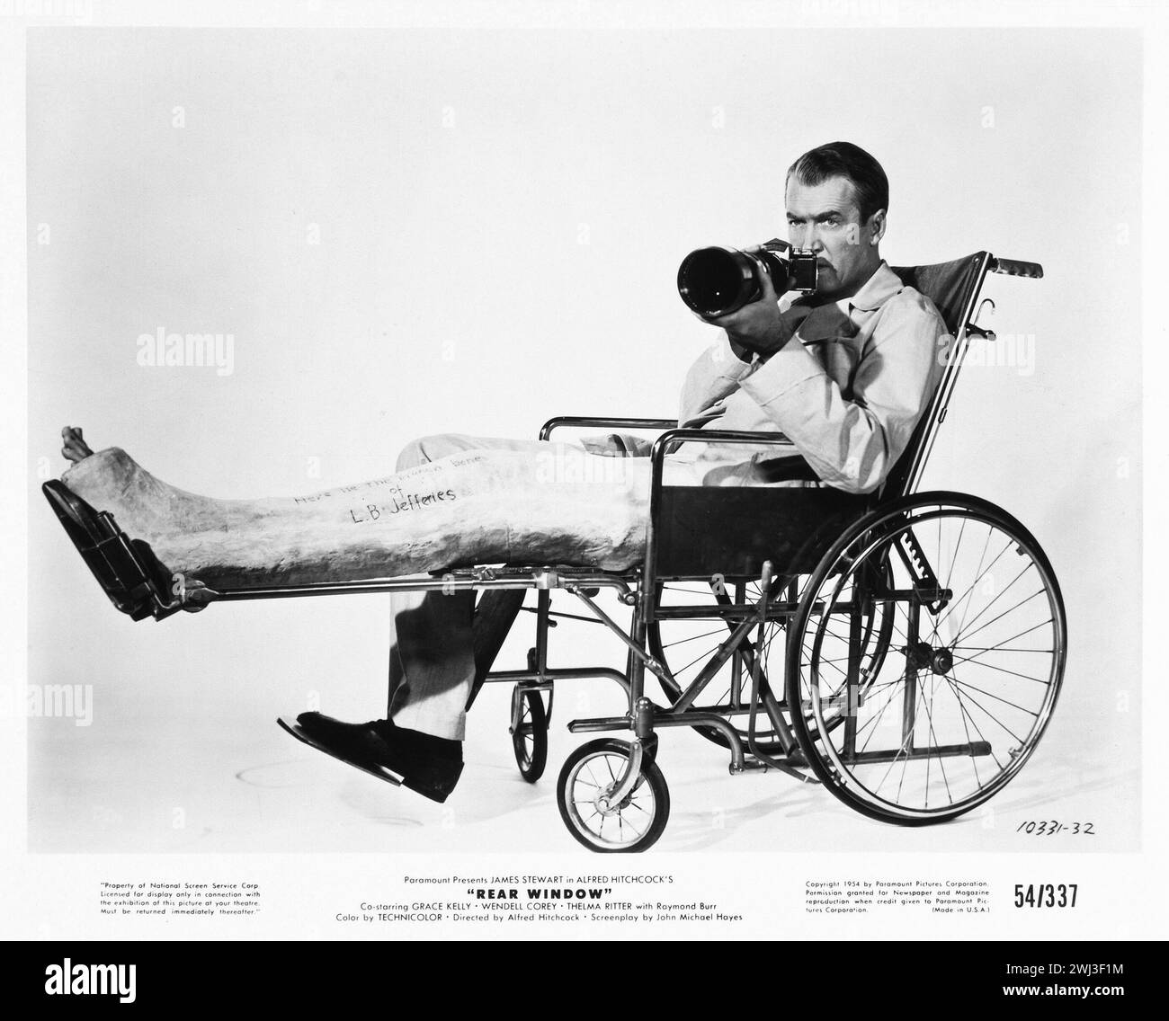 James Stewart in a wheel chair - Rear Window (Paramount, 1954). Publicity photo. Directed by Alfred Hitchcock Stock Photo