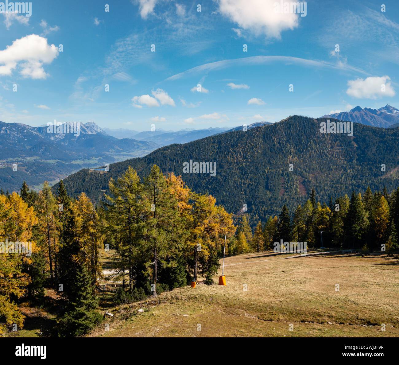 Peaceful autumn Alps mountain view. Reiteralm, Steiermark, Austria. Stock Photo