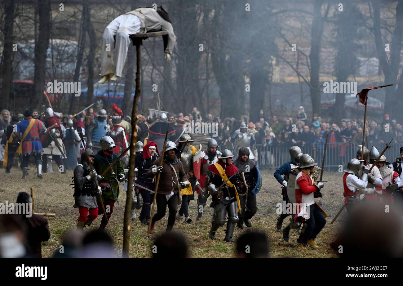 Donja Stubica, Croatia, 100224. Reconstruction of the historical battle between the serfs led by Matija Gubec and the army of the Hungarian-Croatian nobleman Ferenc Franjo Tahi from 1573, which marks the 451st anniversary of the Peasants Revolt in Donja Stubica. Photo: Ronald Gorsic / CROPIX Copyright: xxRonaldxGorsicx/xCROPIXx seljacka buna2-100224 Stock Photo