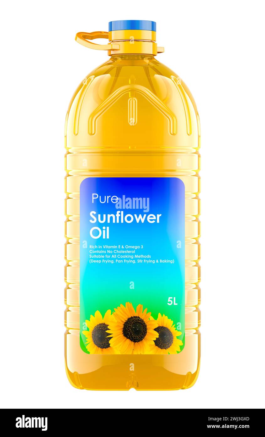 Sunflower Oil in big plastic bottle, 3D rendering isolated on white
