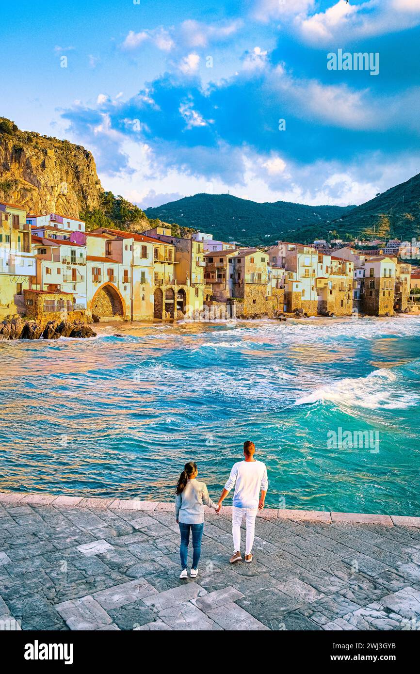 Sunset at the beach of Cefalu Sicily, old town of Cefalu Sicilia