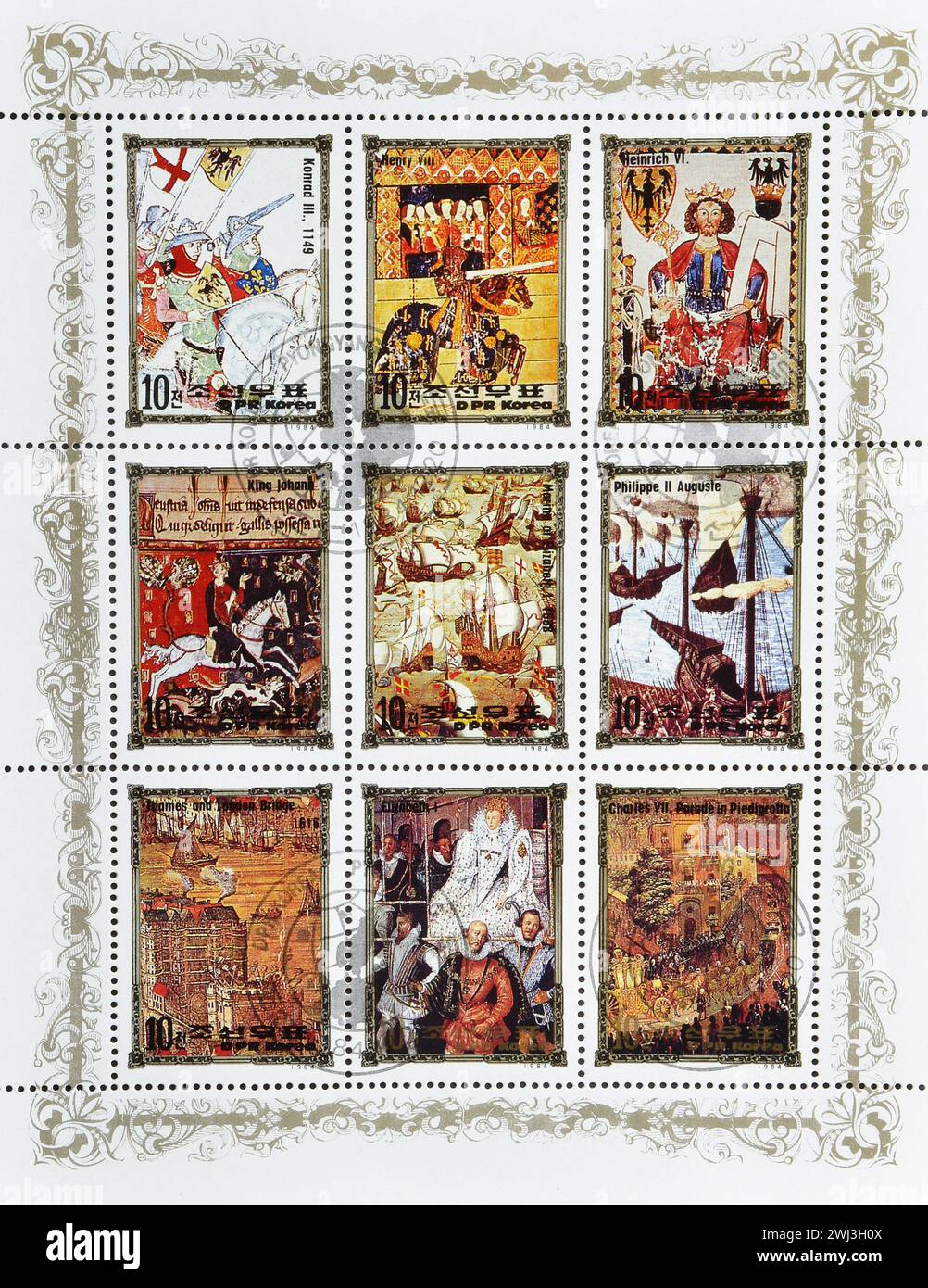 Souvenir Sheet with cancelled postage stamps printed by North Korea, that show Portraits of European rulers, circa 1984. Stock Photo