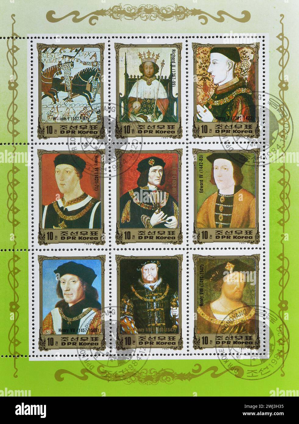 Souvenir Sheet with cancelled postage stamps printed by North Korea, that show Portraits of European rulers, circa 1984. Stock Photo