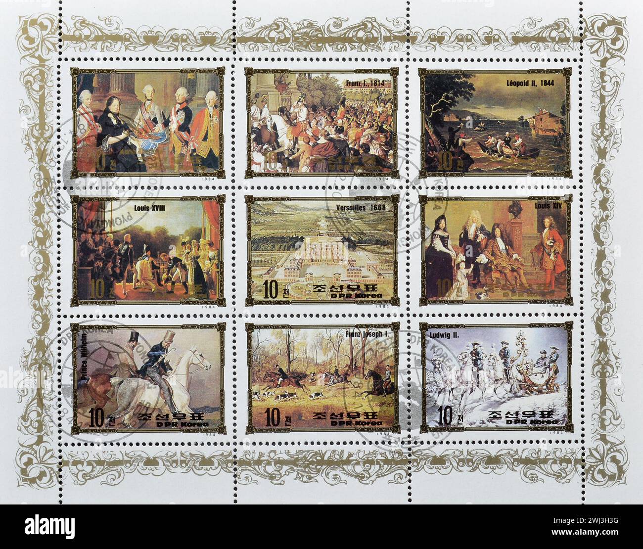 Souvenir Sheet with cancelled postage stamps printed by North Korea, that show Portraits of European rulers, circa 1984. Stock Photo