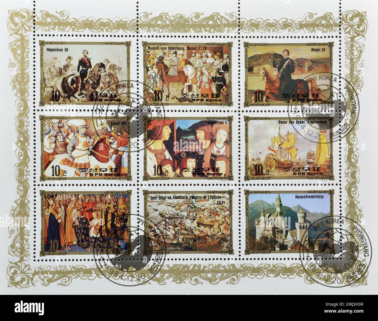 Souvenir Sheet with cancelled postage stamps printed by North Korea, that show Portraits of European rulers, circa 1984. Stock Photo