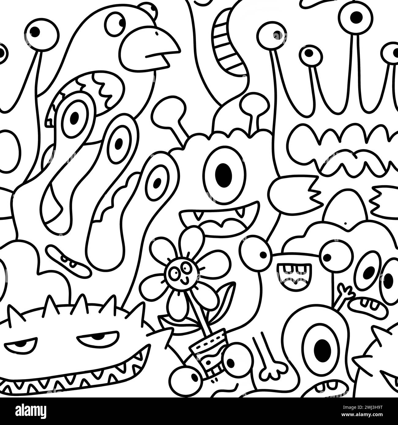 Cartoon monsters seamless funny aliens and rabbit and cactus and flower ...