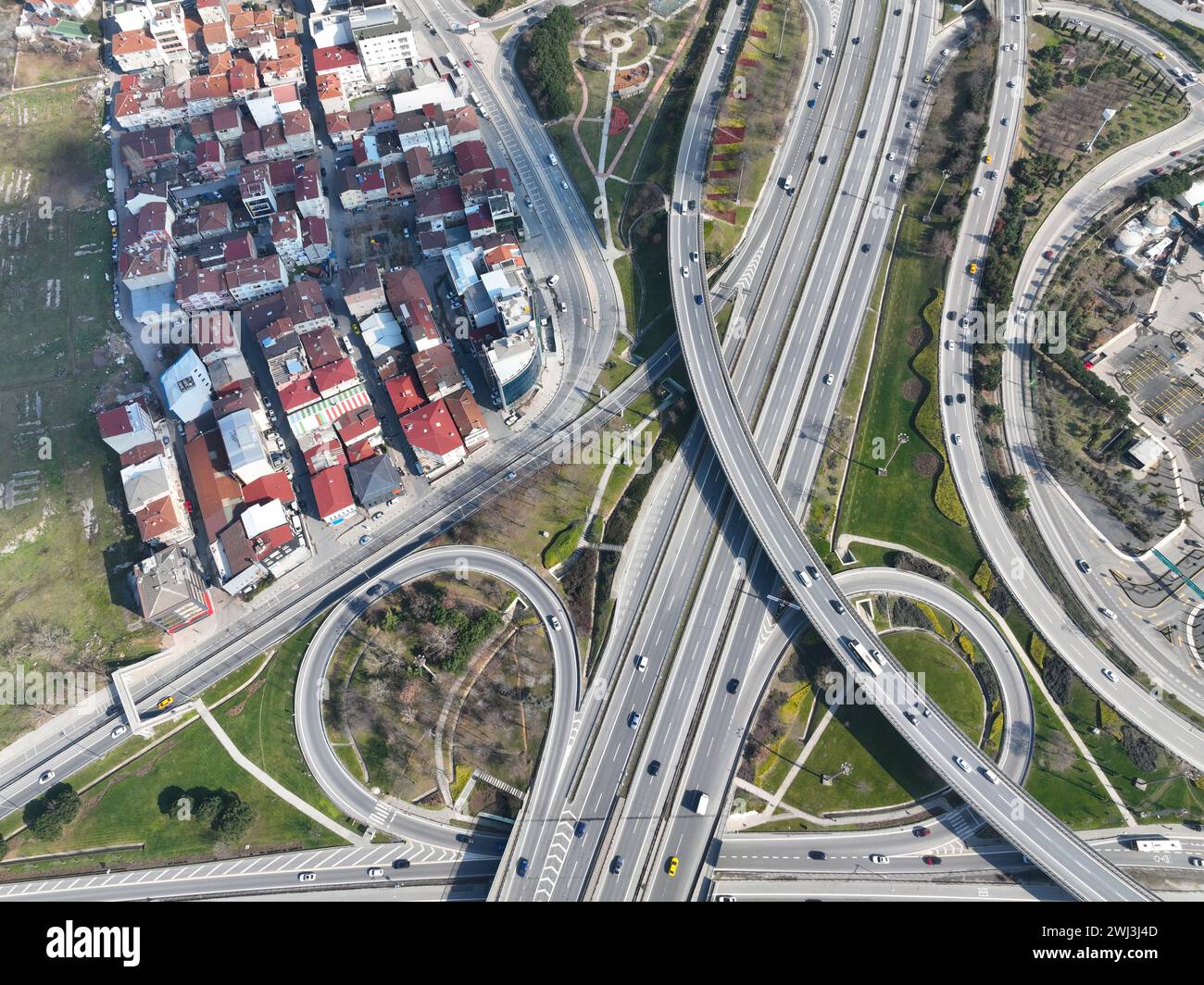Aerial View Modern Multilevel Motorway Junction with Toll Highway, Road ...