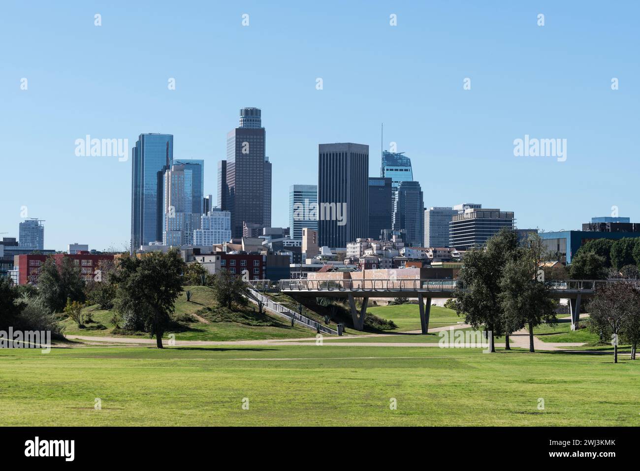 Downtown Los Angeles skyline with urban park in foreground. Stock Photo