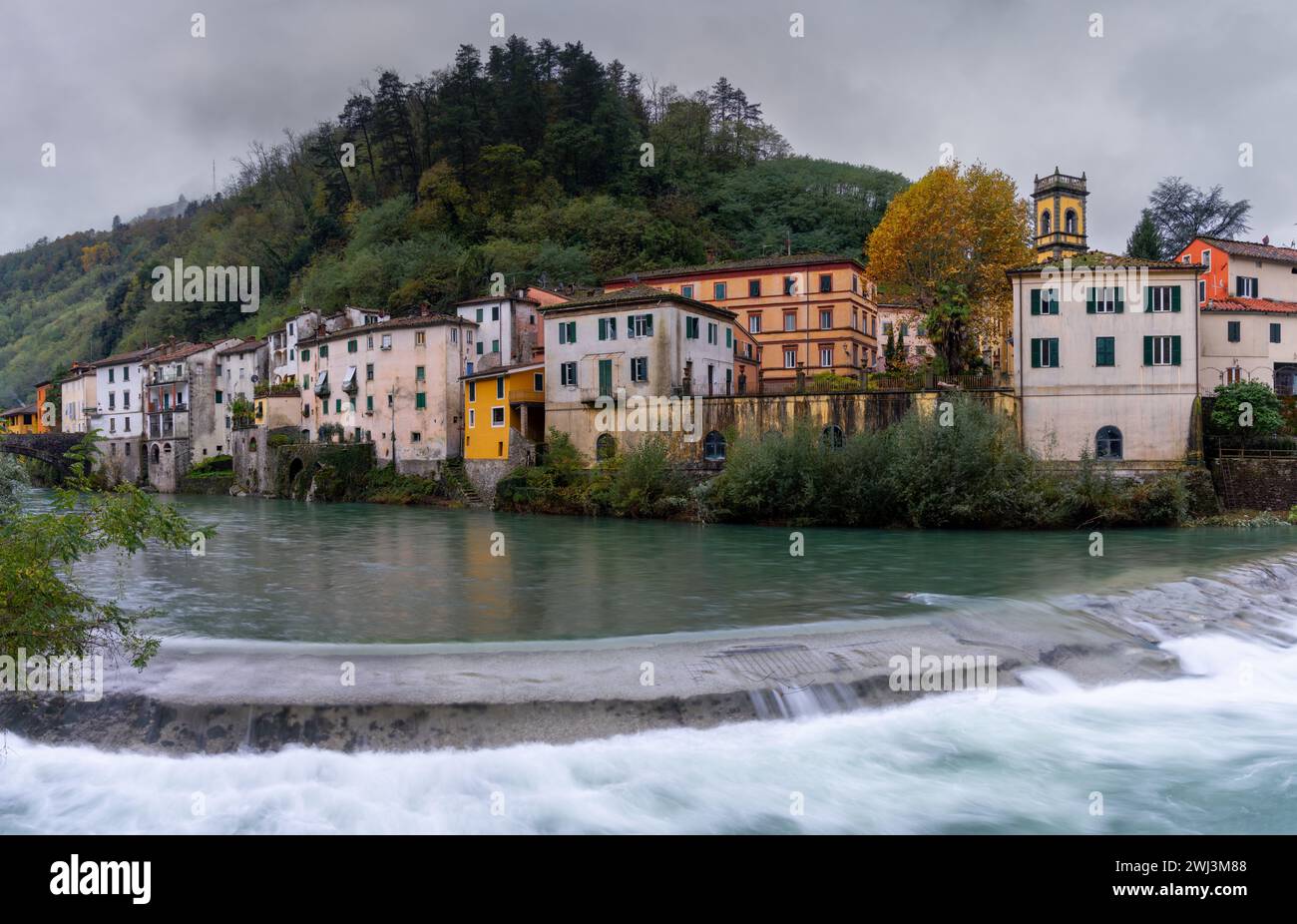 View of Bagni di Lucca village and the river Lima in Tuscany Stock Photo