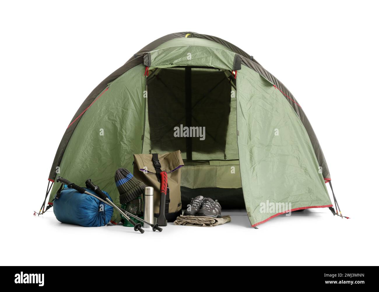 Camping tent with hiking equipment on white background Stock Photo - Alamy