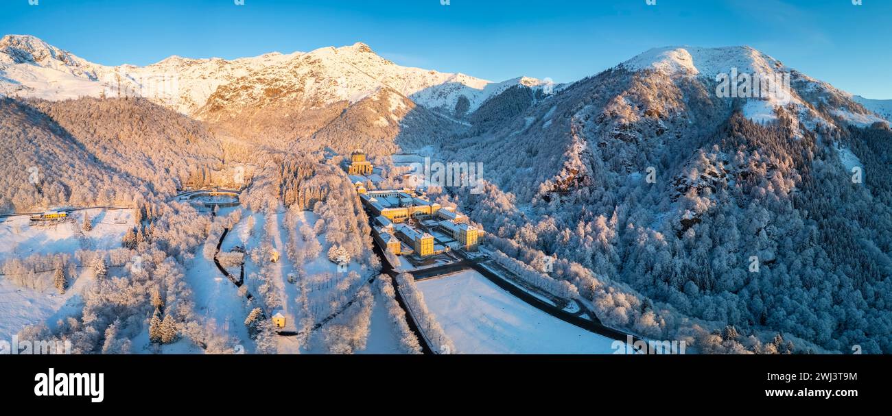 Aerial view of the Sanctuary of Oropa in winter at dawn. Biella, Biella district, Piedmont, Italy, Europe. Stock Photo