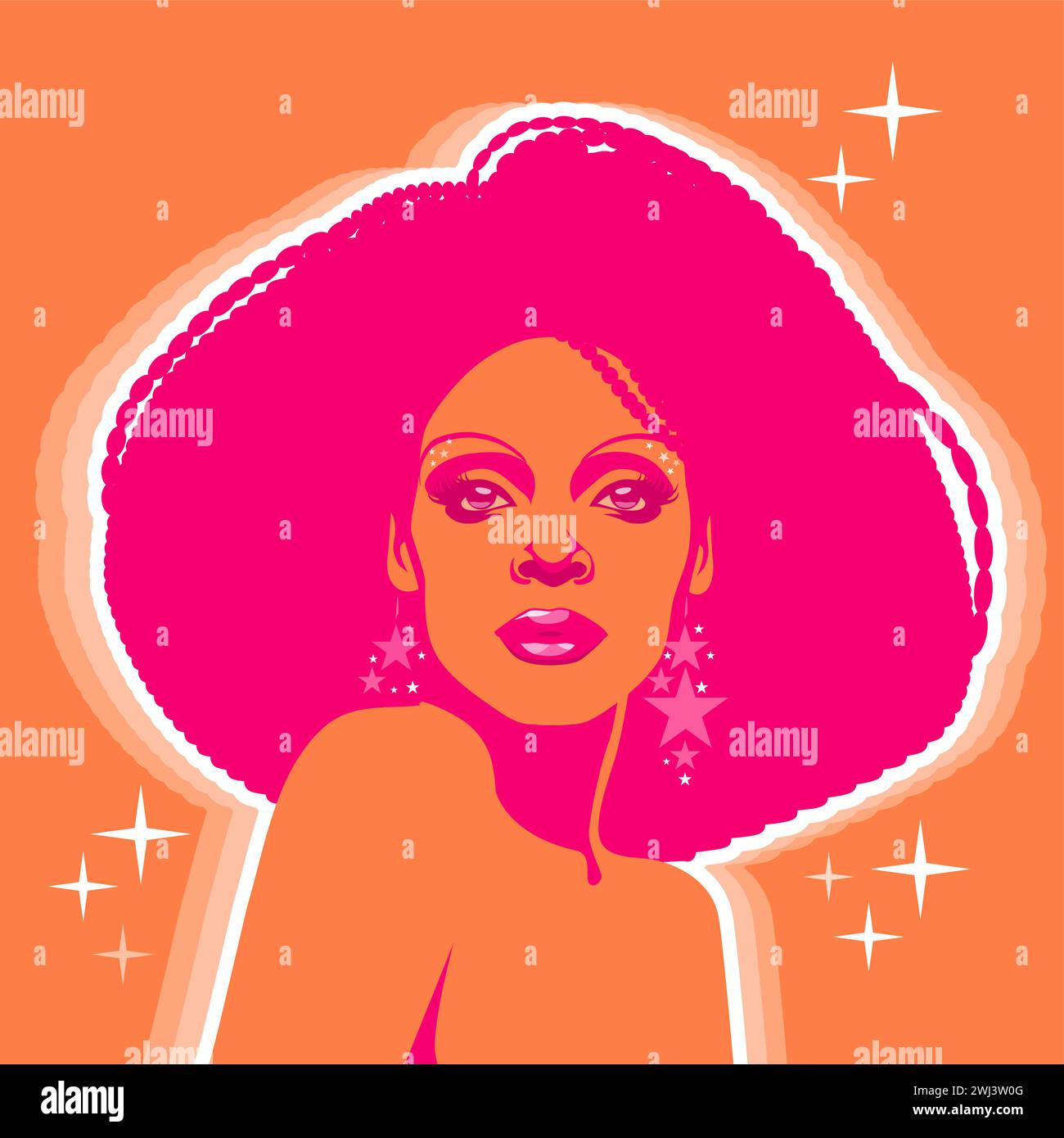Beautiful woman with afro style curly hair, acid and psychedelic colors. Poster music soul, funk or disco style 60s or 70s Stock Vector