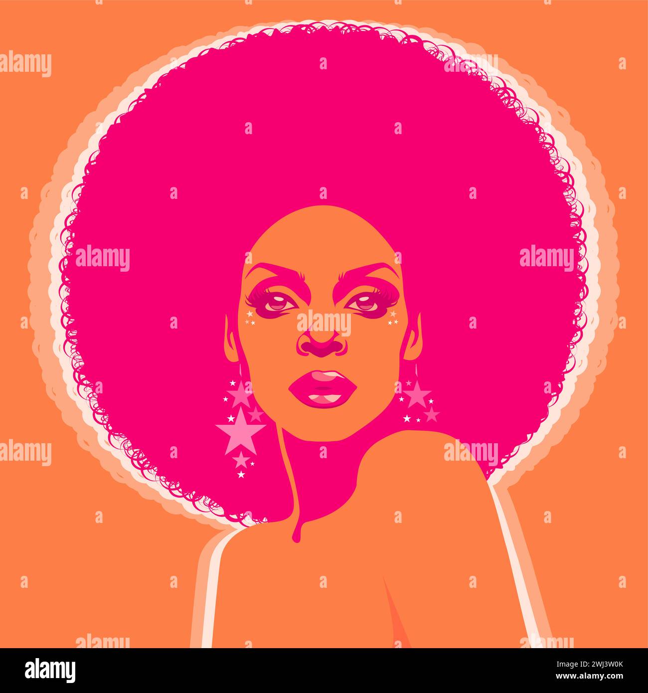 Beautiful woman with afro style curly hair, acid and psychedelic colors. Poster music soul, funk or disco style 60s or 70s Stock Vector