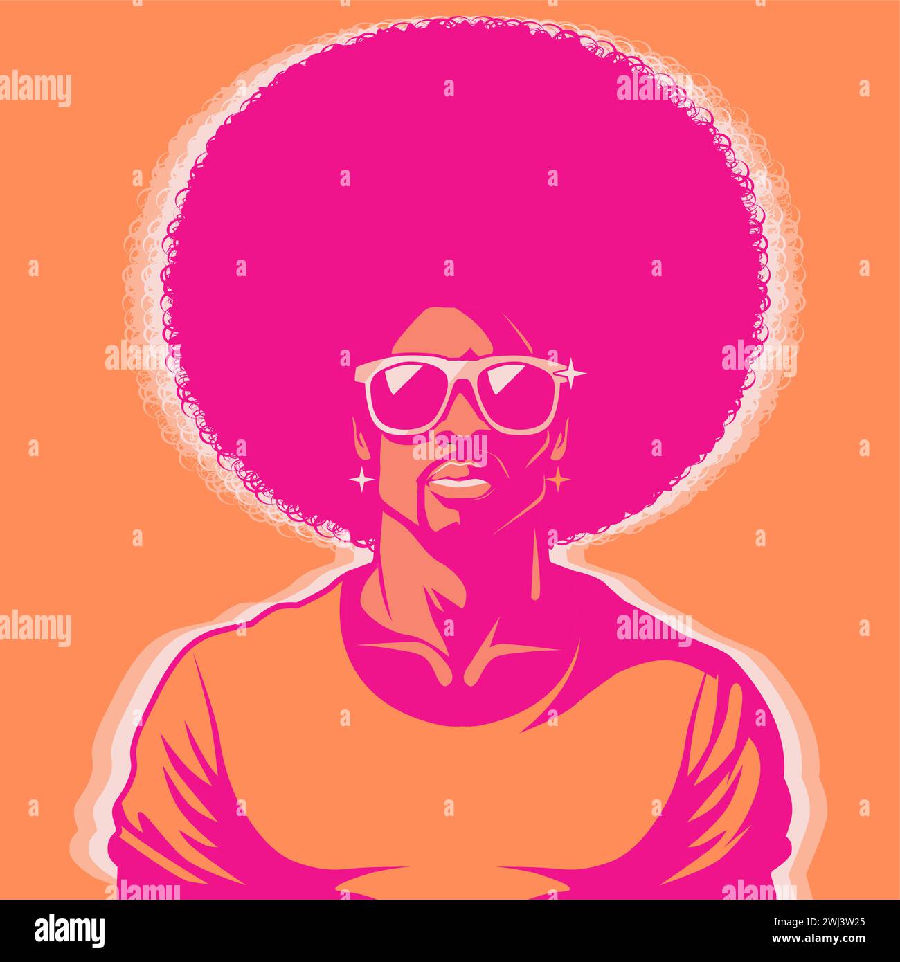 Handsome man with afro style curly hair, acid and psychedelic colors. Poster music soul, funk or disco style 60s or 70s Stock Vector