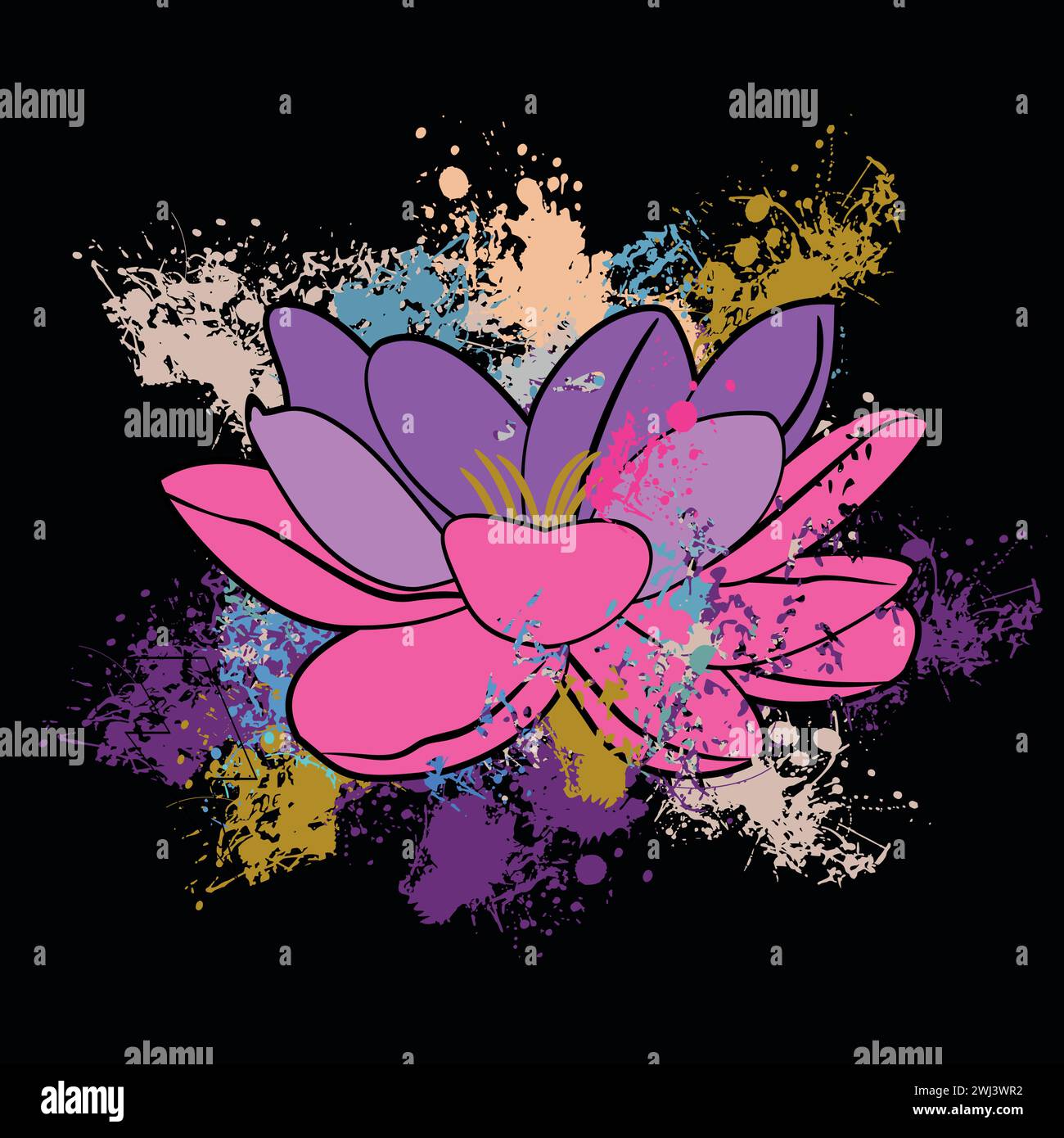 Lotus flower t-shirt design in pink tones on a black background. Illustration good for Buddhism and Hindu culture. Stock Vector