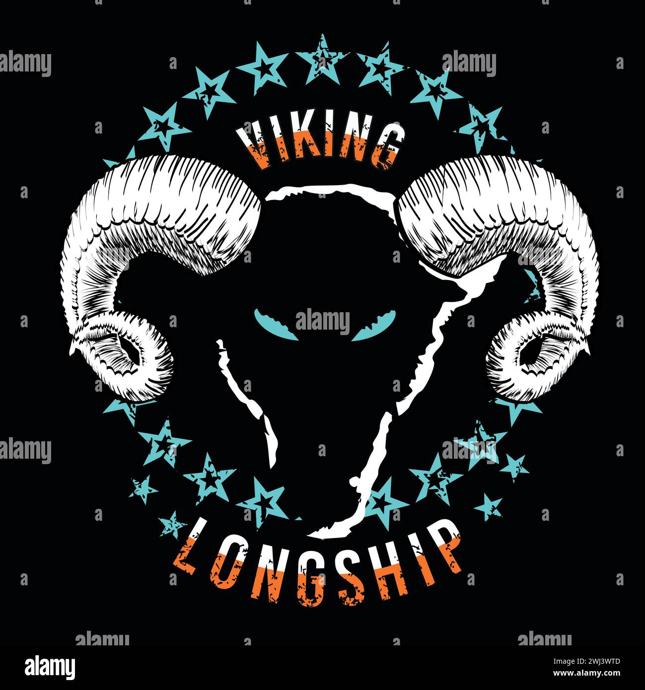 Viking longship. T-shirt design of the head of a goat surrounded by stars on a black background, Stock Vector