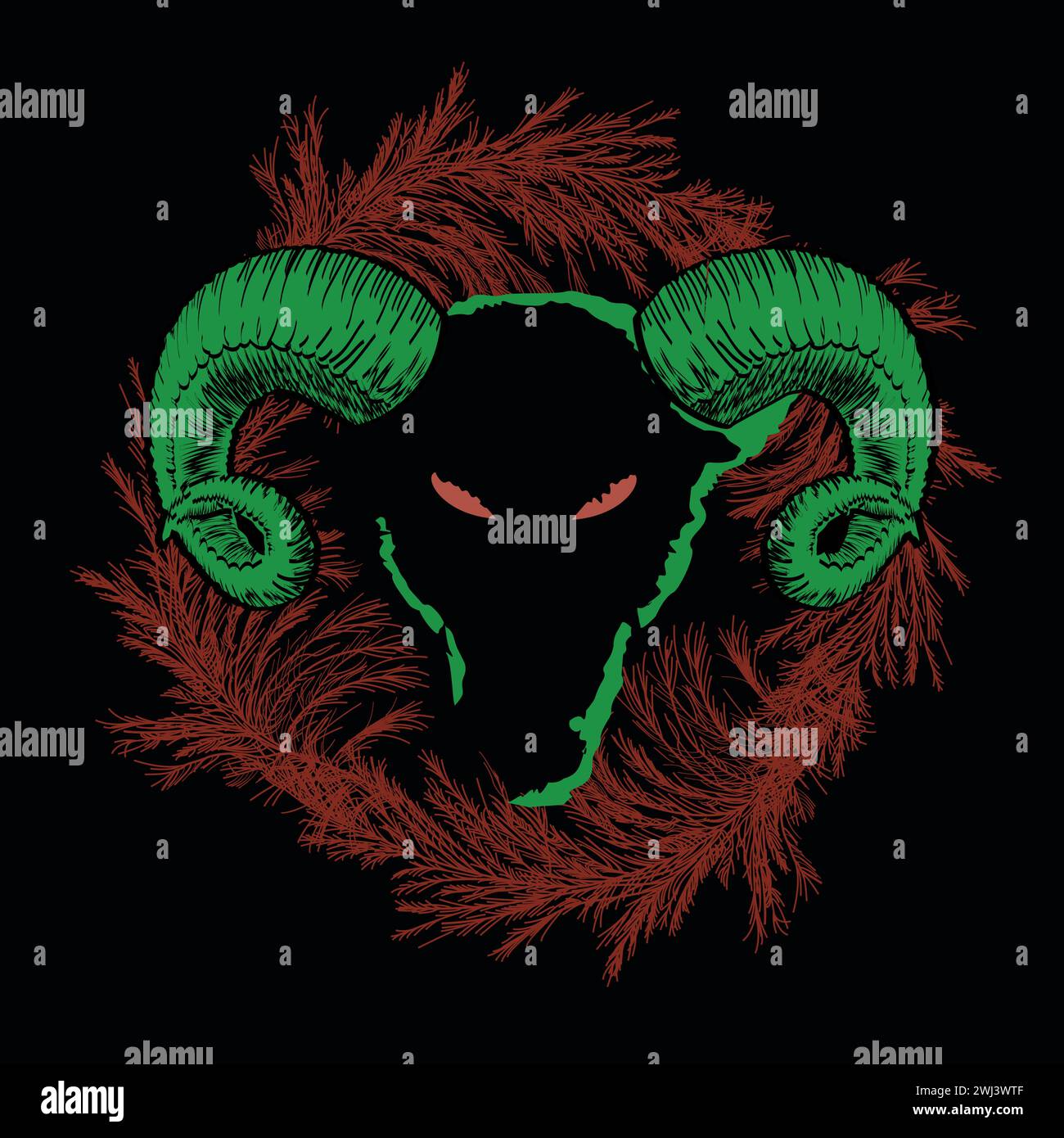 T-shirt design of a goat head with horns on red branches on a black background. satanic circle Stock Vector