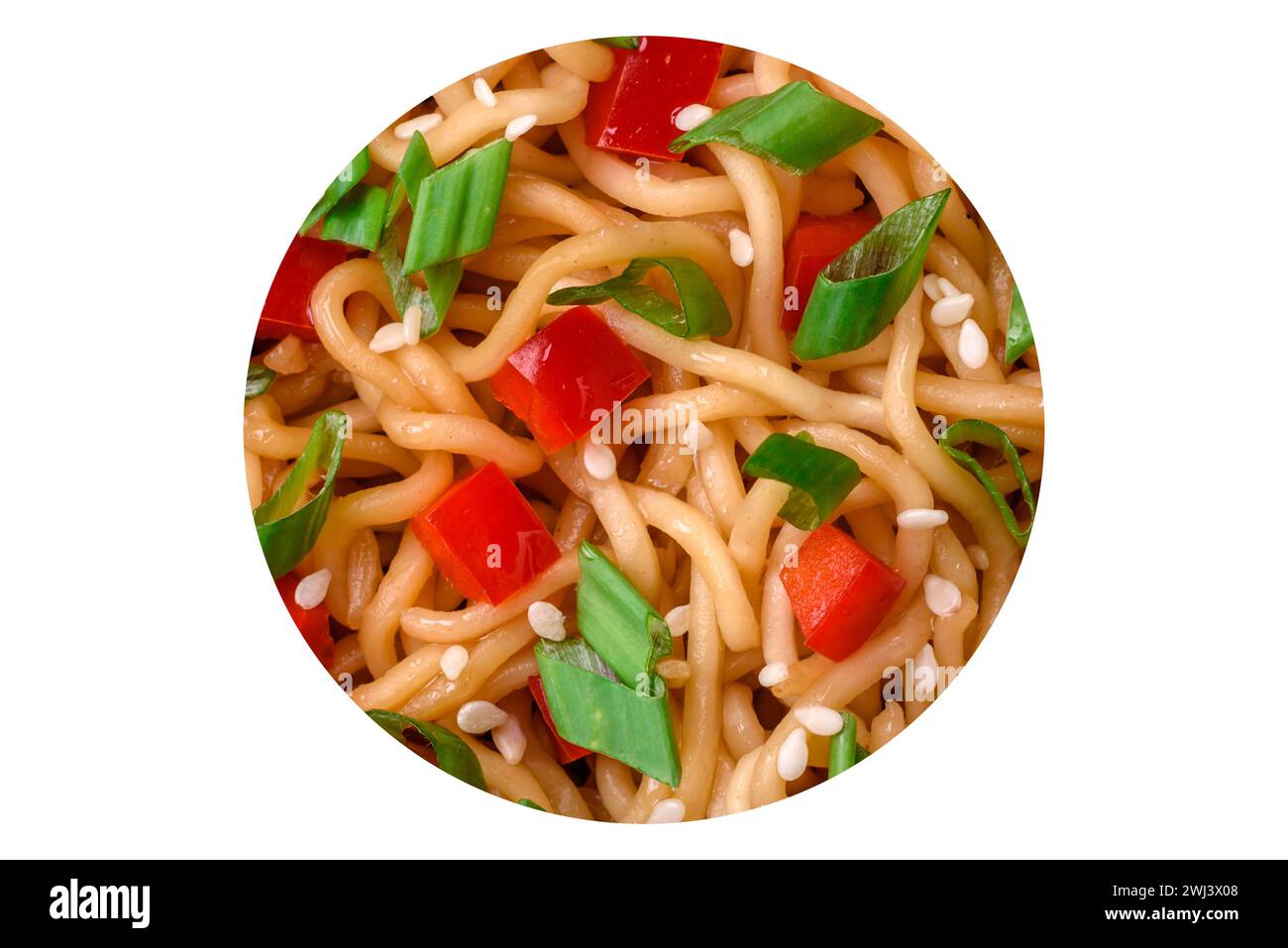 Delicious fresh Asian noodles with vegetables, salt, spices and herbs Stock Photo
