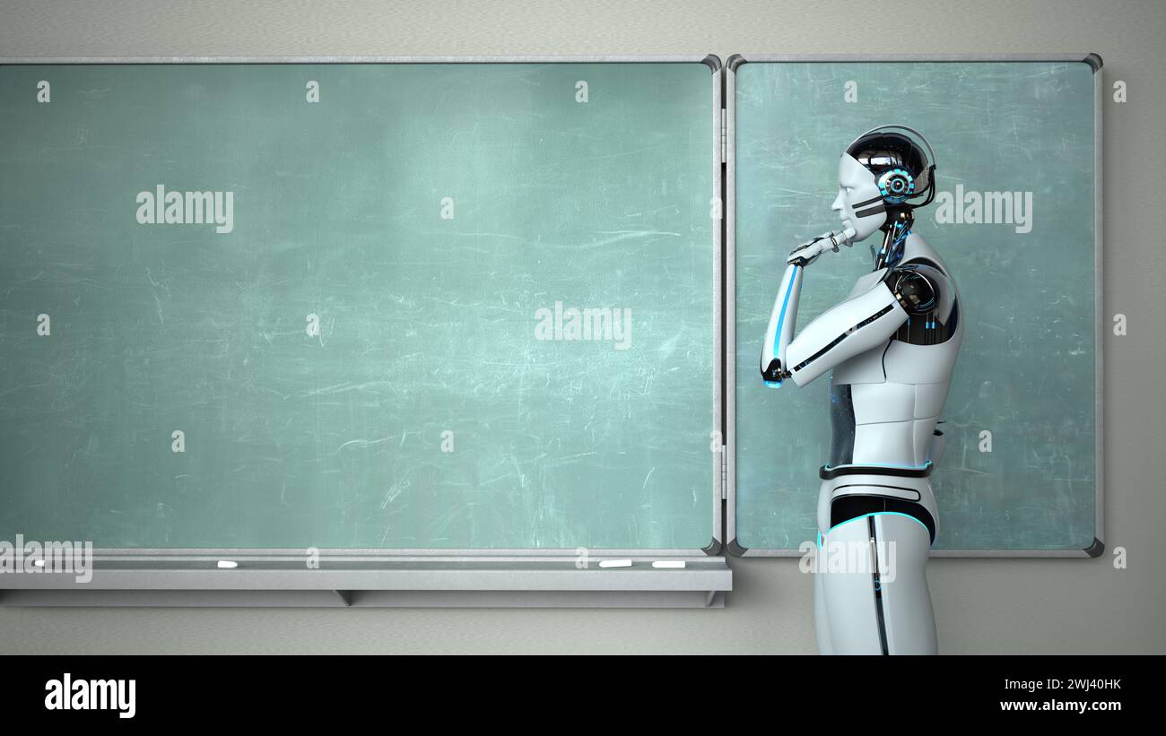 Thinking Humanoid Robot Chalkboard Teacher Stock Photo