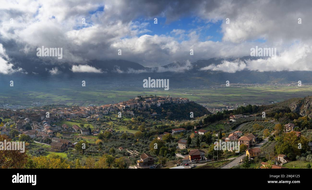 Panorama view of the Vallo di Diano with the town of Atena Lucana in the foreground Stock Photo