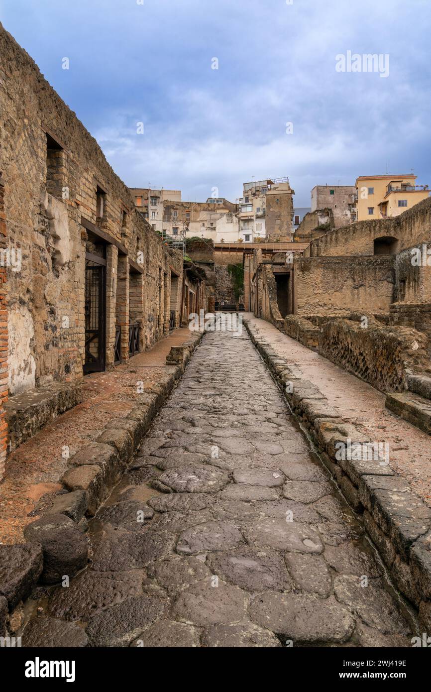Typical city street and houses in the ancient Roman town of Herculaneum Stock Photo