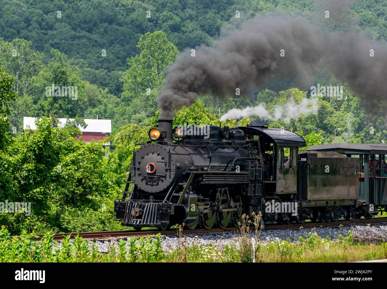 View of a Narrow Gauge Restored Steam Passenger Train Blowing Smoke, Approaching Travel thru Countryside Stock Photo