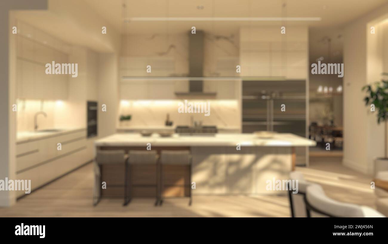 A deliberately blurred image showcasing a spacious, modern kitchen ...