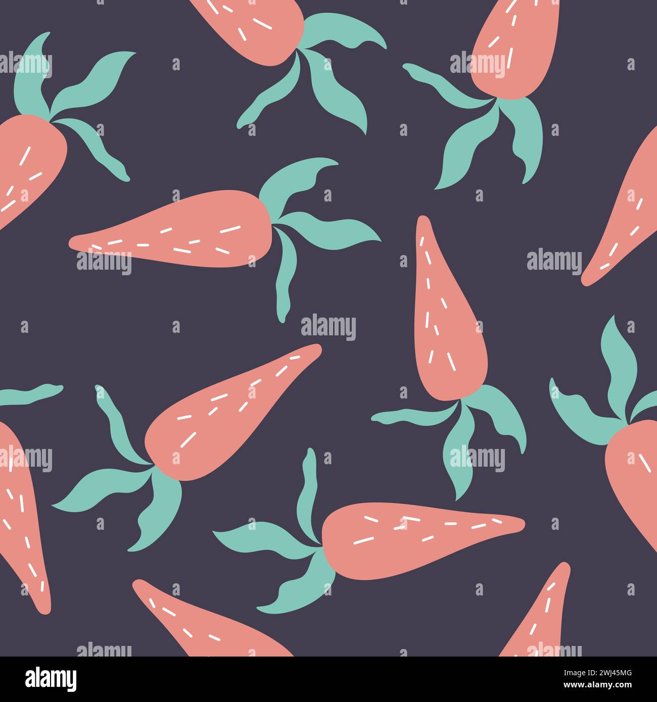 Seamless pattern with handdrawn carrots. Vector Easter pattern on dark background. Stock Vector
