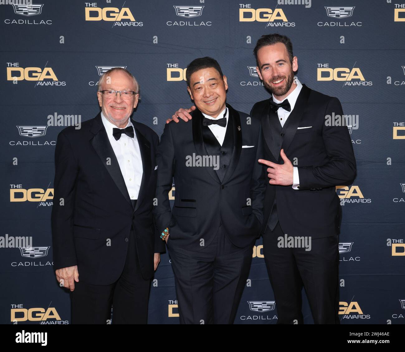 Beverly Hills, California, USA. 10th February, 2024. Director/filmmaker Harrison Engle, TV host Joey Zhou, and Maxwell Gobbell attend the 76th Annual Directors Guild of America Awards at the Beverly Hilton Hotel in Beverly Hills, California. Credit: Sheri Determan Stock Photo
