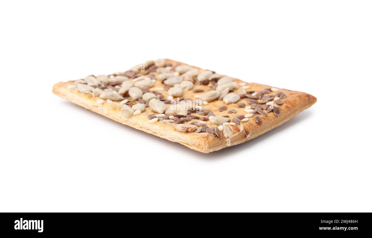Cereal cracker with flax, sunflower and sesame seeds isolated on white ...