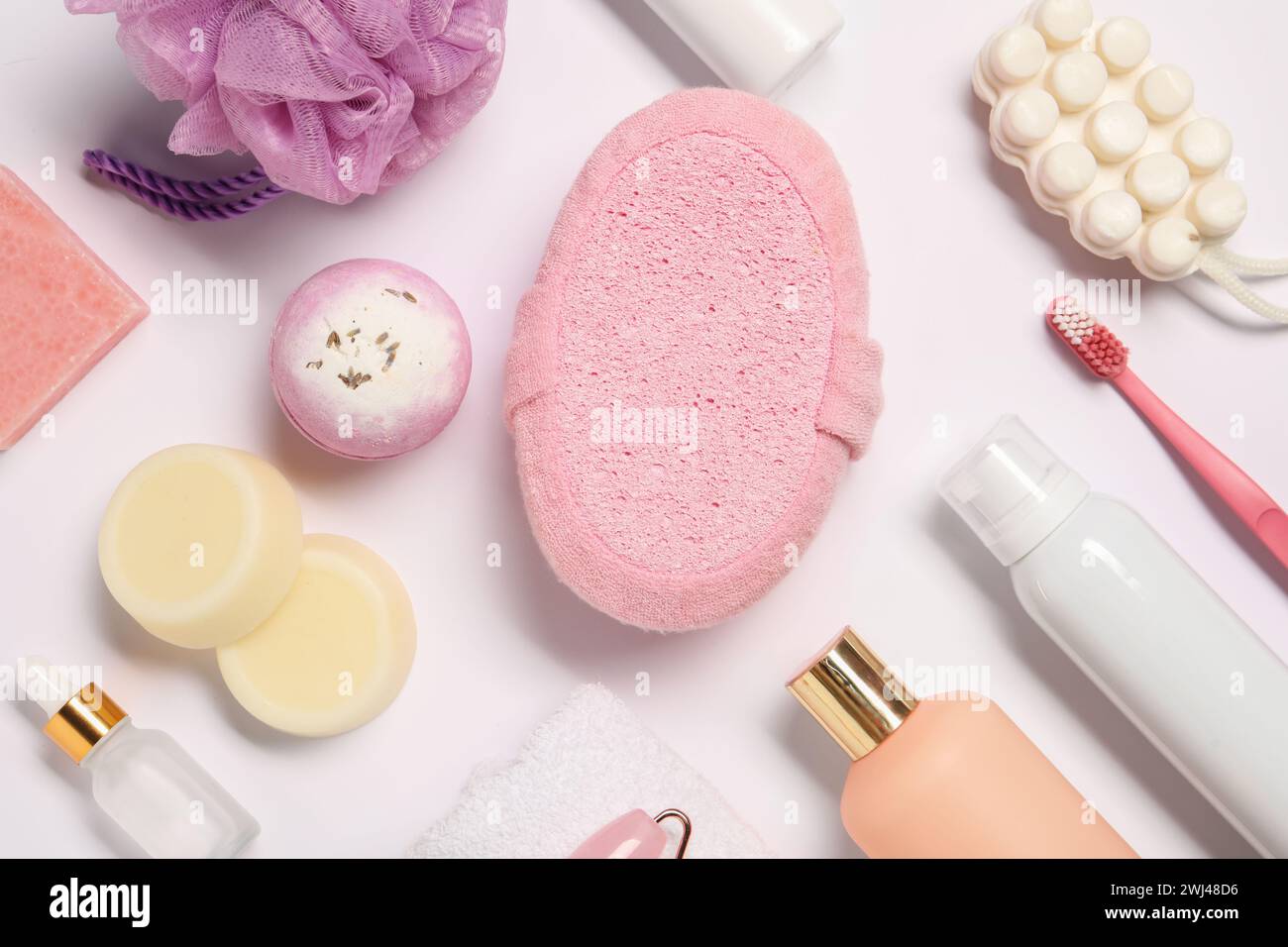 Bath accessories. Different personal care products on white background ...