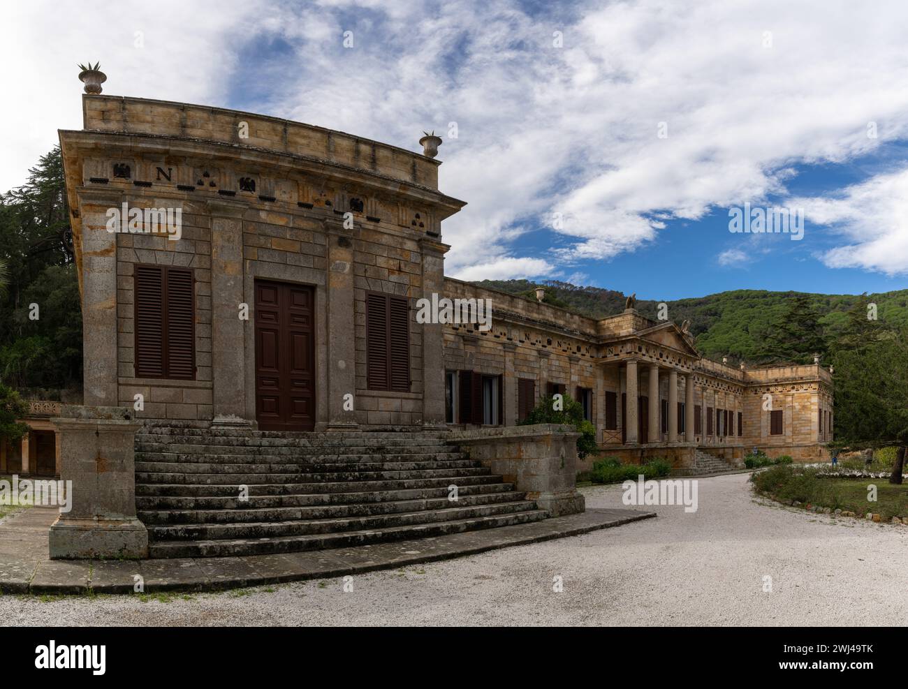 Exterior view of the entrance hall and foyer of Villa San Martino on Elba Island Stock Photo