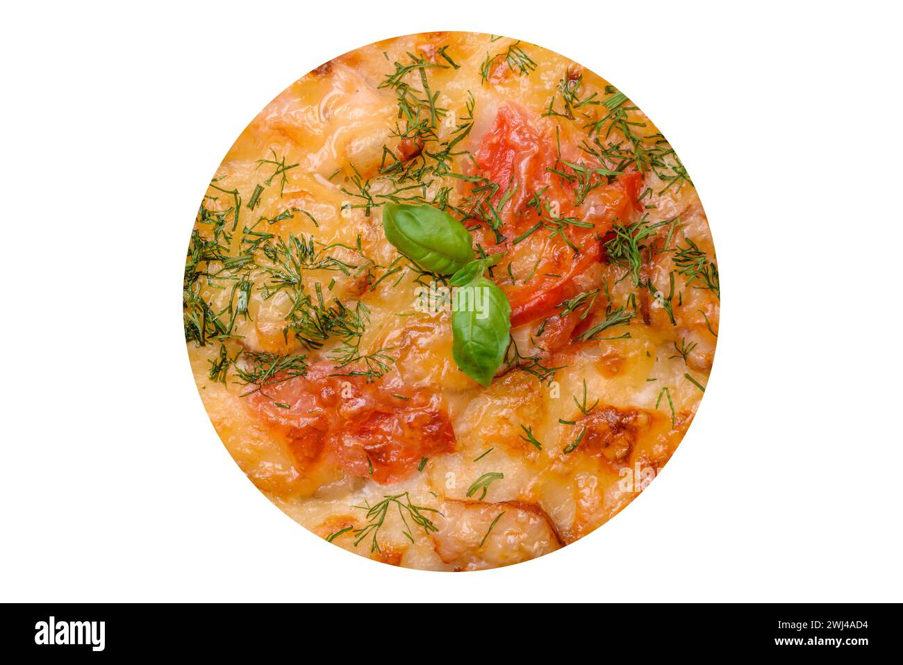 Delicious oven fresh flatbread pizza with cheese, tomatoes, sausage, salt and spices Stock Photo