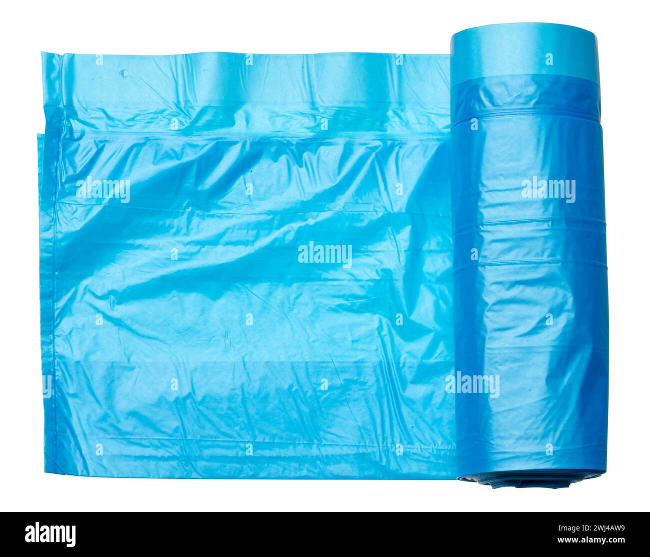 Blue plastic trash bags with strings on white background Stock Photo