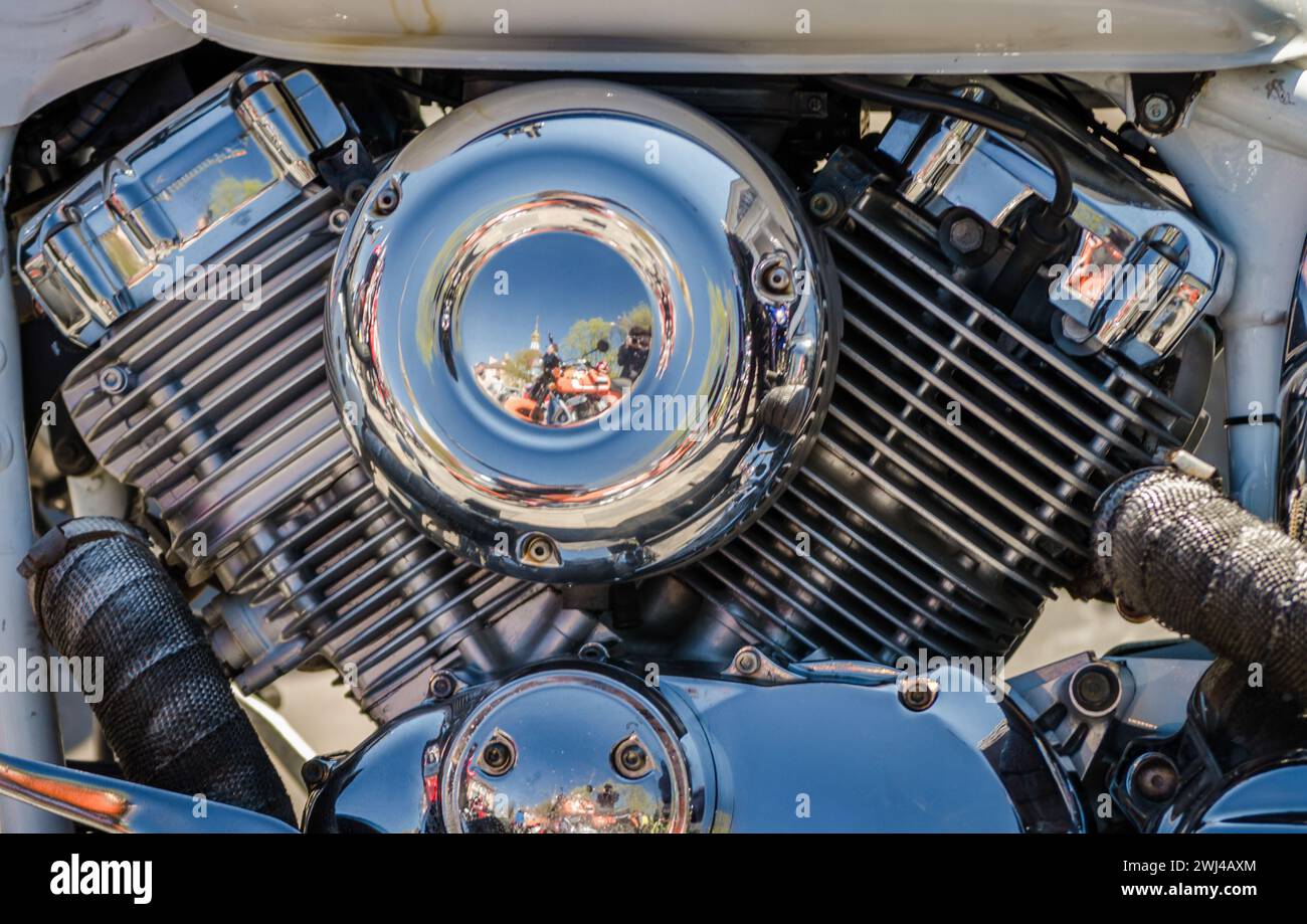 Chromed chopper motorcycle engine closeup Stock Photo