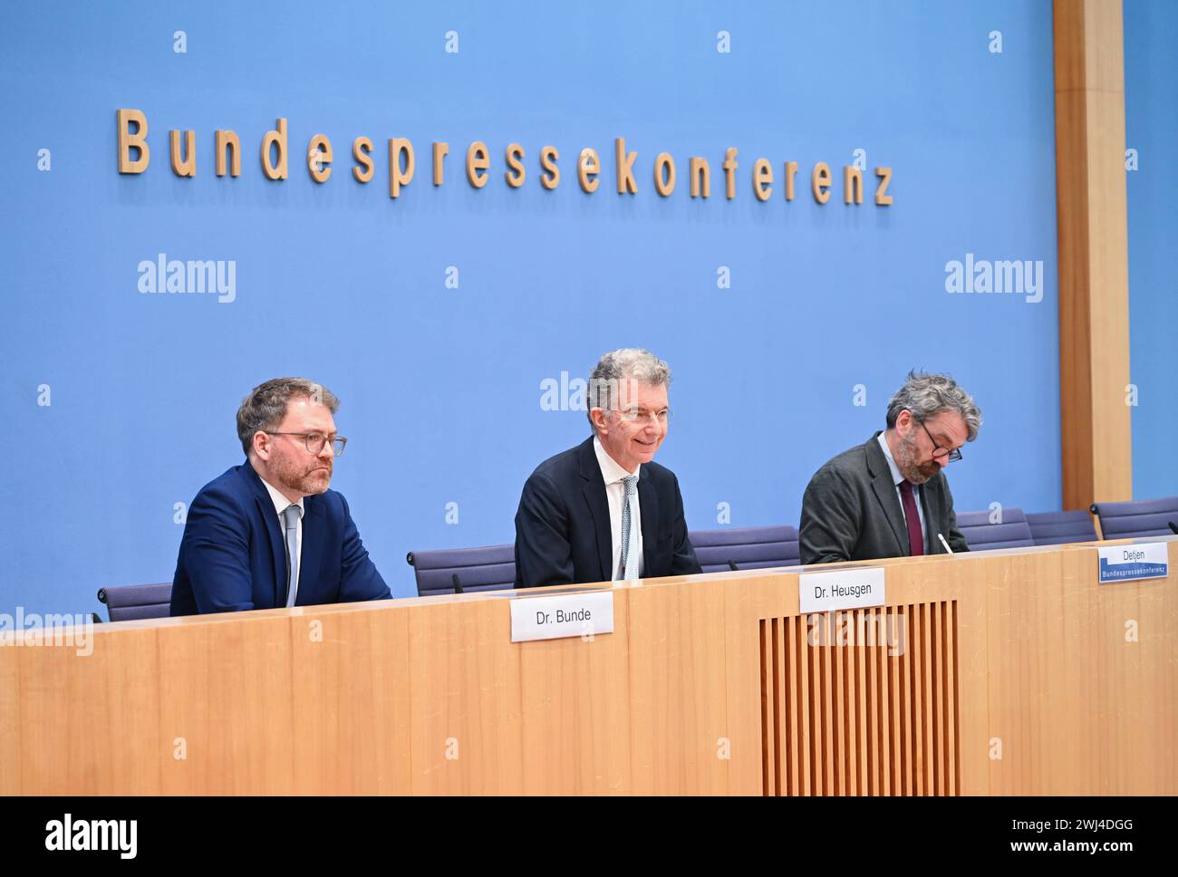 (240213) -- BERLIN, Feb. 13, 2024 (Xinhua) -- Christoph Heusgen (C), chairman of the Munich Security Conference, attends the release of Munich Security Report 2024 in Berlin, Germany, Feb. 12, 2024. The Munich Security Report 2024 published ahead of this year's Munich Security Conference expressed worries over the 'lose-lose dynamics' amid growing geopolitical tensions and rising economic uncertainty. The report is designed to serve as a basis for discussion at the global security conference, which will see its 60th anniversary this year. The event is scheduled for Feb. 16-18 in Munich, sout Stock Photo