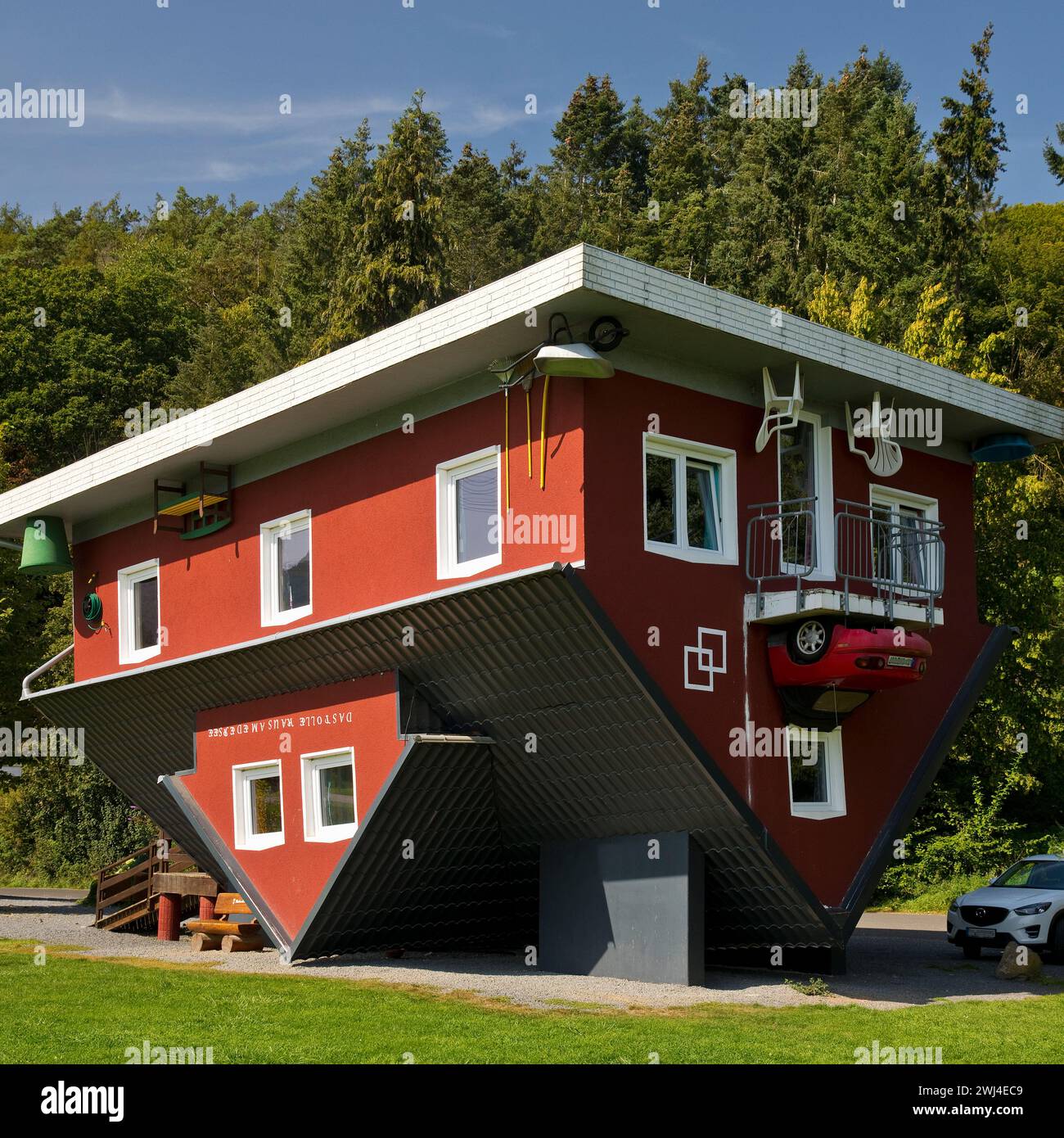 Groovy house on the Edersee, upside down house, upside down world, Edertal, Hesse, Germany, Europe Stock Photo