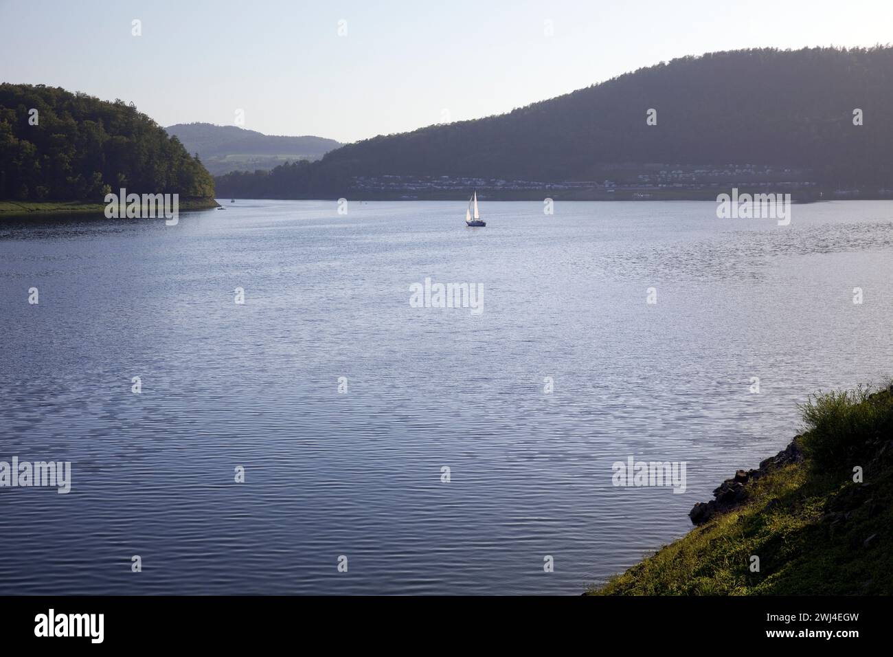 Sailing boat on the Edersee, Edertalsperre, Waldeck-Frankenberg district, Hesse, Germany, Europe â€‹ Stock Photo