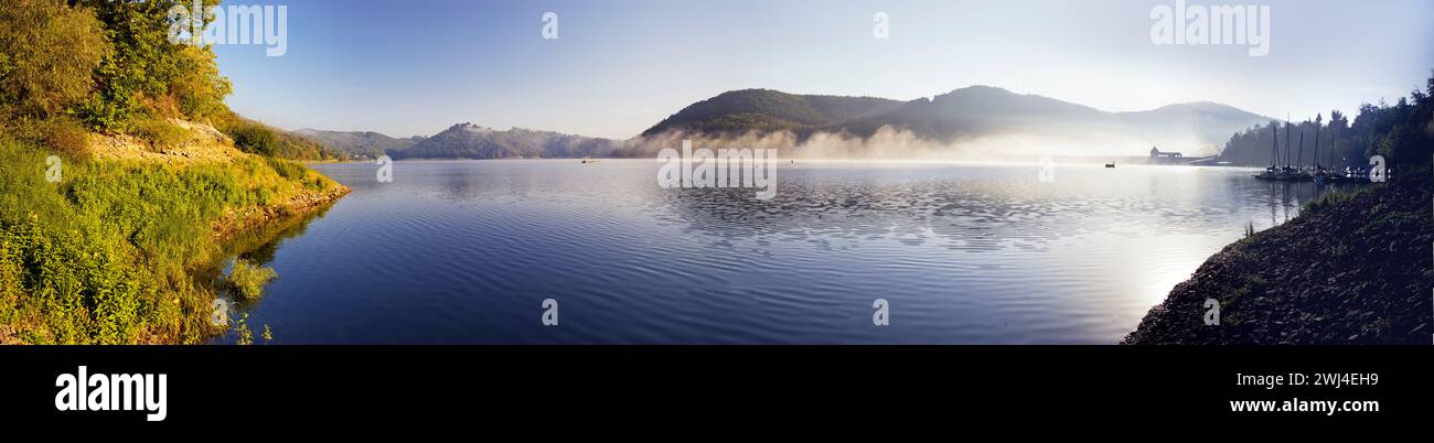 Panorama with wafts of fog on the Edersee in the early morning, Edertal, Hesse, Germany, Europe Stock Photo