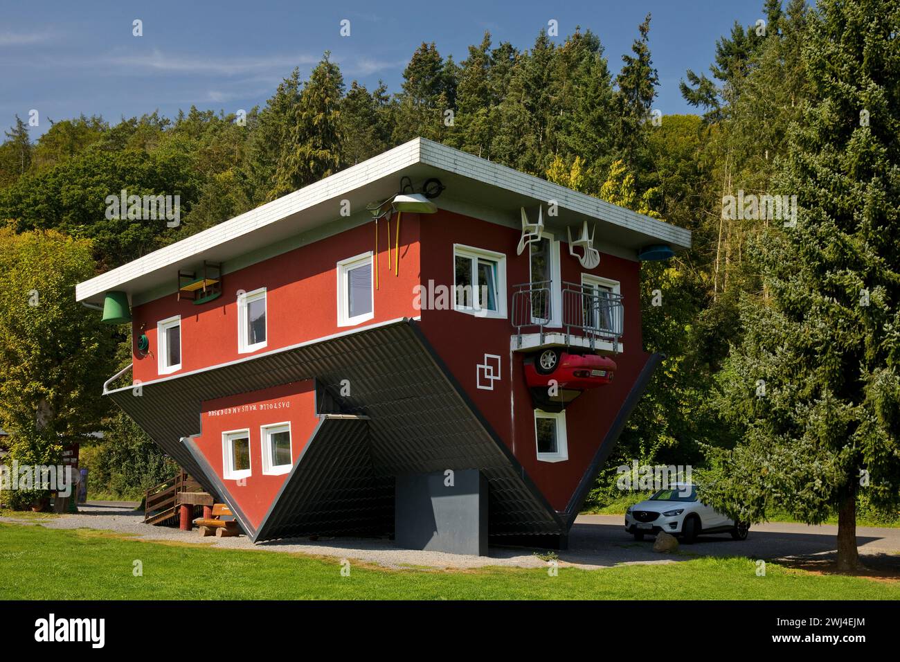 Groovy house on the Edersee, upside down house, upside down world, Edertal, Hesse, Germany, Europe Stock Photo