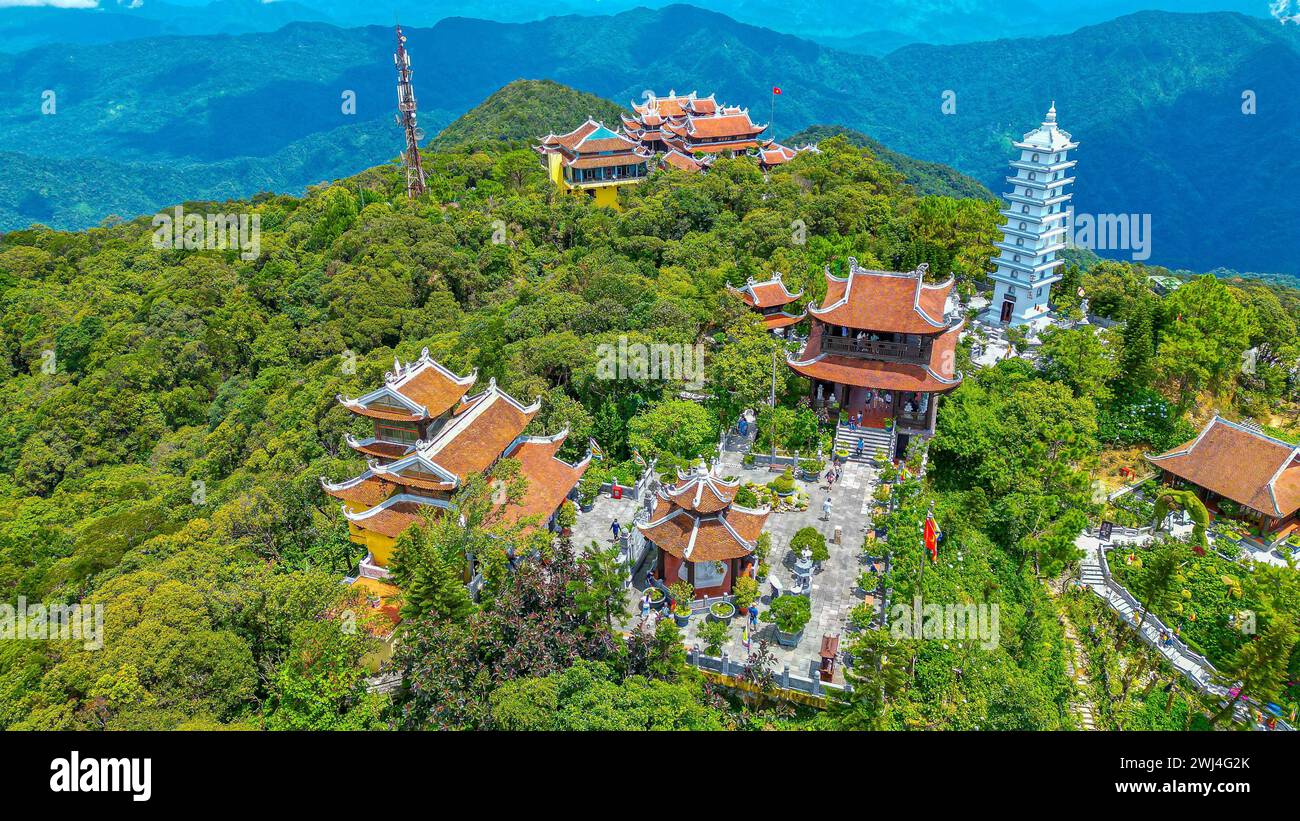 Aerial view of landscape is castles covered with fog at the top of Bana Hills, the famous tourist destination of Da Nang, Vietnam. Near Golden bridge. Stock Photo