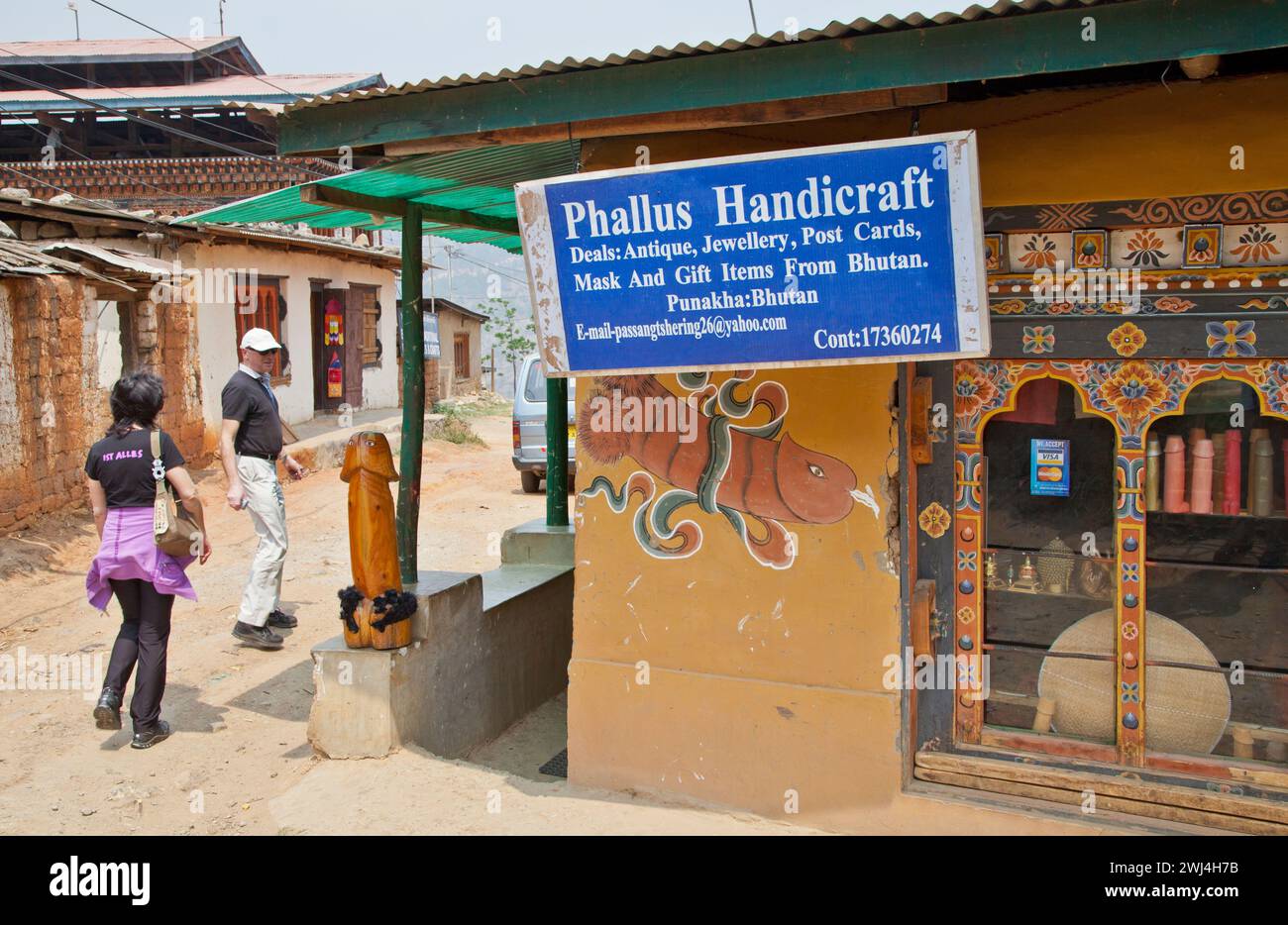 A head-turning Phallus souvenir shop near Chimi Lhakhang, a Buddhist temple dedicated to the Divine Madman lama Drulpa Kunley. Stock Photo